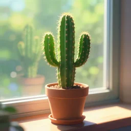 a cactus in a pot on a windowsill, sunbeams. vibrant colors, soft lighting, adventurous, atmospheric lighting, 8 k, octane render. by makoto shinkai, stanley artgerm lau, wlop, rossdraws, james jean, andrei riabovitchev, marc simonetti, krenz cushart, sakimichan, d & d trending on artstation, digital art.