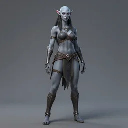 full body portrait of a beautiful female night elf warrior with grey skin and red eyes. black hair. sombra hair cut. full set of leather armour, anime style, artstation,