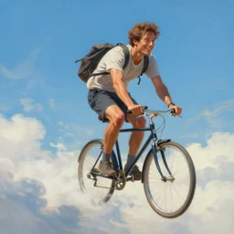 A striking painting of a happy man flying in the sky on his bicycle in the clouds, award-winning digital art by Ross Tran