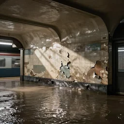 A flooded old subway station. Muted colors, tearing wall paper.