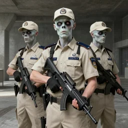 beige uniform and caps pale zombie!! security guard officers with background brutalist concrete interior trending on artstation digital painting highly detailed 4 k 8 k holding bullpups hd by greg rutkowski