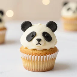cupcakes looking like panda faces, food photography, centered, bokeh, studio lighting