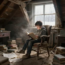 kid reading book on an old dusty chair in an abandoned dusty attic, old library covered by dust and cobwebs, winter light through the windows,, dusty floor, books and newspaper on the floor, hyperdetailed, artstation, cgsociety, 8 k