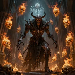 a ghoul in a cathedral with flaming skulls rotating around him as a dark souls inspired boss, octane render, rtx, unreal engine 5, digital painting, trending on artstation, highly detailed, epic composition, 8 k uhd