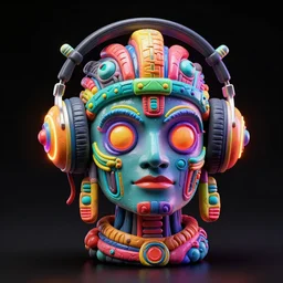 a glossy claymodel of a dieselpunk aztec futurism robot head with glowing headphones, 8 k, symetrical, flourescent colors, halluzinogenic, multicolored, very detailed, black background, 3 d render,