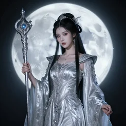 photograph of a real-life beautiful moon witch with intricate silver robes and staff.  Extremely detailed. 8k