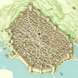 wallpaper medieval city tourist map, twisty streets, towers, city wall, waterfront, port, d & d engraving isometric view port market castle cartoony
