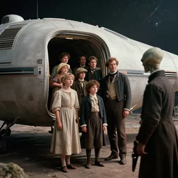 70mm still from a sci fi blockbuster movie made in 3222, set in 1860, of a family leaving a spaceship, that has just landed on an alien planet, with a humanoid alien watching them, wearing 1850s era clothes, cinematic lighting, 8k, in focus faces, oscar winner, high quality photography
