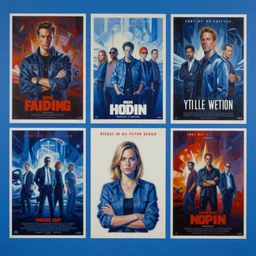 oil painting of tv show posters on a blue wall, blue overtones, highly detailed, stylized, abstract