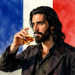 portrait, a handsome small Frenchman with beard and long black hair toasting with whiskey, French flag in the background, watercolor, dramatic lighting, cinematic, establishing shot, extremely high detail, foto realistic, cinematic lighting, digital art, by Yoshitaka Amano, Ruan Jia, Kentaro Miura, Artgerm, post processed, concept art, artstation, matte painting, style by eddie mendoza, raphael lacoste, alex ross