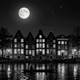 Dutch houses along a river, silhouette!!!, A single circular white full moon, black sky with stars, soft glowing windows, stars in the sky, b&w!, Reflections on the river, a man is punting, flat!!, Front profile!!!!, HDR, soft!!, street lanterns glow, shimmers, 1904, illustration, shadowy figures