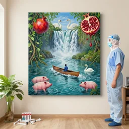 a tall pathology student wearing scrubs and ppe in her apartment, vines, a river flooding inside, medical supplies, medical mask, syringes, pathology sample test tubes, pigs, plants in a glass vase, water, river, rapids, waterfall, canoe, pomegranate, berries dripping, swans, acrylic on canvas, surrealist, by magritte and monet