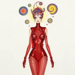 a fashion character design wearing a red sequined bodysuit, acid hallucinations floating around their head, by moebius, alexander mcqueen headdress with beads, by kawase hasu