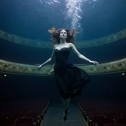 deep underwater photography of beautiful model in flat dress concert hall by emmanuel lubezki