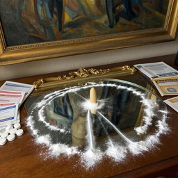 Table full of drugs, lines of cocaine on a mirror, oil painting