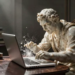 a marble statue smashing on his laptop with his hands due to frustration