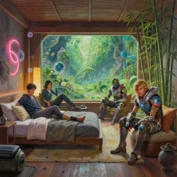 portrait oils, futuristic cozy japandi bedroom, overwatch, oblivion movie, wlop, james jean jhonseru jsezz artstation, jung yeon min, aaron de leon and neill blomkamp, some bamboo wood and neon light details, lens orbs, global illumination, window overlooking, lush green alien planet, lounge, architectural, cinematic shot, gritty