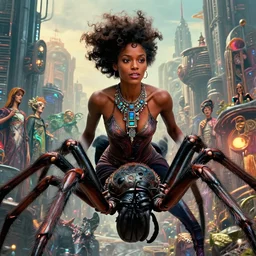 realistic detailed closeup portrait movie shot of a beautiful black woman riding a giant spider, dystopian city landscape background by denis villeneuve, amano, yves tanguy, alphonse mucha, max ernst, ernst haeckel, edward robert hughes, roger dean, cyber necklace, rich moody colours, sci fi patterns, wide angle