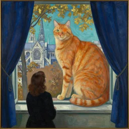 woman and giant orange cat with city with gothic cathedral and tall trees seen from a window frame with curtains. dark indigo blue, turquoise, gold, earth brown. autumn light. delville jean, henri de toulouse - lautrec, utamaro, matisse, monet
