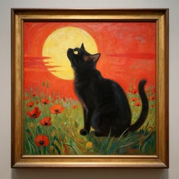 a masterpiece painting by alfons mucha exposed at the louvre : black cat taking the sun in a poppy field with a red sunset in the background