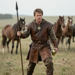 medieval druid, matt damon last duel, plains and horses in the background, brown. beige. flask of wine. spear wielding. leather armor
