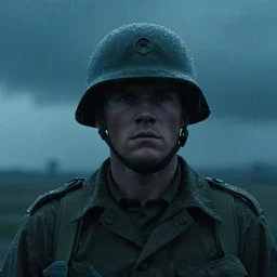 a cinematic headshot photograph of a soldier, stormy weather, dry, film still, cinematic, dramatic lighting, blue color theme, by zack snyder
