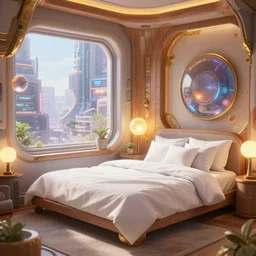 a photo of a white bed in a futuristic cozy bedroom from overwatch and oblivion movie, by wlop by jungyeonmin and james jean jhonseru jsezz artstation and greg rutkowski, with some wood and gold details, biomechanical, lens orbs, global illumination, with a window overlooking a cyberpunk metropolis, lounge, architectural, volumetric lighting, granular detail, japandi, hyperrealist, ( no people in the scene ) micro details, blender, vray