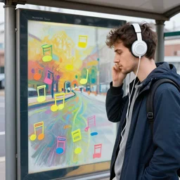 guy listening to music bus stop notes colorful painting