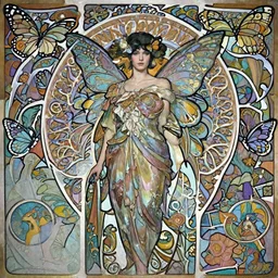 centered portrait, Ellen Paige as a D&D Fairy, black hair, butterfly wings, Art Nouveau, beautiful retro Fantasy heroine 1985, intricate, elegant, highly detailed, centered, digital painting, trending on artstation, concept art, smooth, sharp focus, illustration, art by raphael lacoste, eddie mendoza, Mucha, alex ross, WLOP