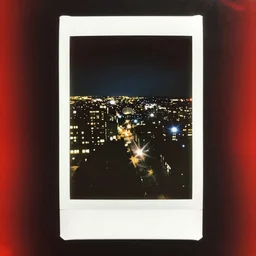 analog vintage photography portrait polaroid of a nighttime city seen from above, drone footage, night, window lights, lensflare, red color bleed, heavy film grain, bloom, glow