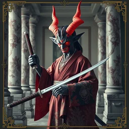 giesha demon wearing a kimono + holding a samurai sword, innovative avant - garde art, deco fashion, photorealistic portrait, crisp quality and light reflections, inside a room with marble columns, transcendent, vibrant color, clean linework, finely detailed, tarot card with ornate border frame, 4 k, trending on artstation, volumetric lighting, octane render