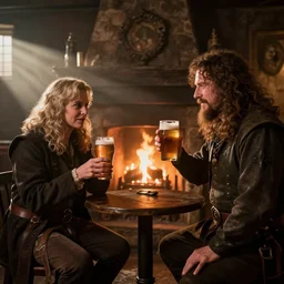 Siegmeyer of Catarina having a beer with Domhnall of Zena in a undead tavern, warm lighting, fireplace, godrays, DSLR photo