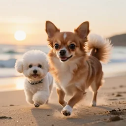a photorealistic closeup image of a cute brown long haired chihuahua cocker spaniel chasing a white bichon frise across the beach. sunset, surf. brightly lit. extreme detail. unreal engine