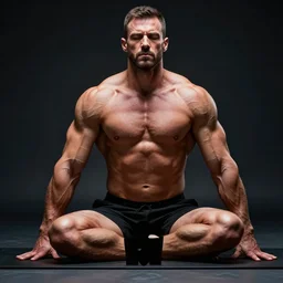 a body builder ironman with large muscles lying doing yoga, strong, vibrant, life changing, dramatic, cinematic lighting, digital art, ultra sharp, extreme details, sinful and petty by gerald brom and zadislaw beksinksi