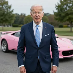 a portrait of president biden as. 7 0 s pimp with a pink sportscar in the background