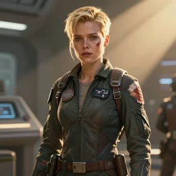 science fiction, awkward flustered brilliant stoic heroic blonde butch injured tomboy woman engineer with very short slicked - back blonde hair, ripped flight suit, on the set of john carter, smooth, extremely detailed, cinematic lighting, illustration, digital art, crepuscular ray, trending on artstation, art by greg rutkowski, golden ratio