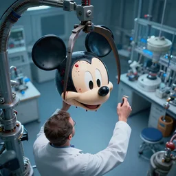 top view mechanics scientist in lab facility looking at bloody mickey mouse head lifted by claw,, made by beeple, cgsociety, artgerm, greg rutkowski, highly detailed intricate 4 k art, low light cinematic, octane render, unreal engine, smooth concept art