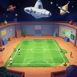 in a sports hall on a spaceship, from a space themed point and click 2 d graphic adventure game, art inspired by thomas kinkade