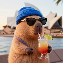 a photorealistic photograph of a knitted cute Capybara wearing sunglasses and dressed a blue beanie cap. The subject is also sipping a refreshing Mai Tai drink cocktail outside Sydney Opera House during sunset. This 4K HD image is Trending on Artstation, featured on Behance, well-rendered, extra crisp, features intricate detail and the style of Unreal Engine.
