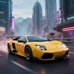 professional digital art of photorealistic synthwave lamborghini murcielago driving through neon cyberpunk futuristic city towers, mountains in background, detailed, sporty, unreal engine 6, maya render