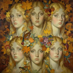 breathtaking detailed concept art painting art deco pattern of blonde faces goddesses amalgamation autumn leaves with anxious piercing eyes and blend of flowers and birds, by hsiao - ron cheng and john james audubon, bizarre compositions, exquisite detail, extremely moody lighting, 8 k