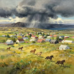 a beautiful painting of a icelandic farm, icelandic horses galloping, storm clouds gathering over the town, by studio ghibli 8 k pastel colours, isometric drone shot smeared watercolours, golden light film grain