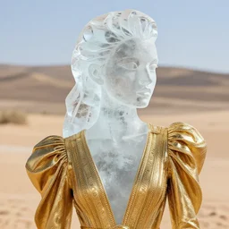 close up of face of an ice sculpture from a fashion model, in desert, gold plated, versace dress, highly detailed