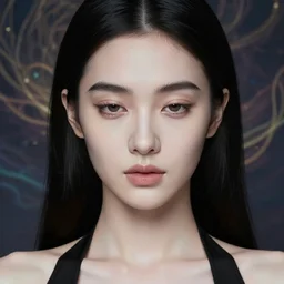 portrait of a beautiful elgant young turkish adult with a heart shaped face, pale ivory skin, downturned hazel eyes, button nose, thin light pink lips, natural straight black eyebrows, long thin black hair, halter neck shirt, ethereal, magical background, intricate facial features, hyper realistic face, in the style of greg rutkowsky