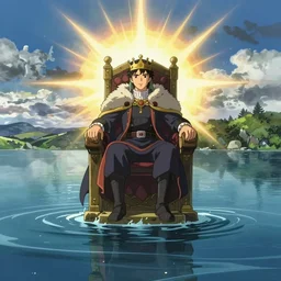 a single lone king sitting on a throne floating on water in the middle of a lake drawn by Makoto Yukimura in the style of Vinland saga anime, full color, detailed, wide angle