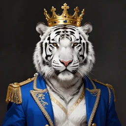 artwork of a white tiger king with gold crown and blue king suit, concept art, super detailed, 4 k hd, trending on artstation, digital painted, low contrast, made by greg rutkowski and viktoria gavrilenko