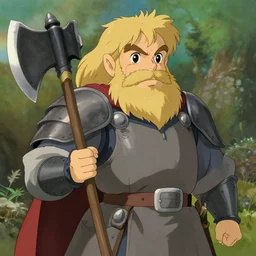 gimli from the anime lord of the rings (1986), ringer hair, big beard, dwarf armor, battle axe, studio ghibli, very detailed, realistic
