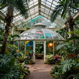 magician's tropical greenhouse garden with colored glass coverhighly detailed, mysterious, comfort, in the style of william schneider, 8 k