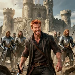( ( ( laughing ) ) ) ( ( ( ( copper haired chris hemsworth ) ) ) ) as destruction from sandman looking like kristofer hivju!!, in front of a destroyed castle, medival armour!!, by jeremy mann, by frank moth, jeff easley, alphonse mucha, dave mckean, soft lightning, high detailed, 8 k