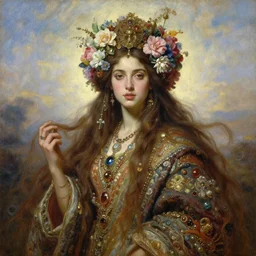portrait oil painting, a beautiful young woman, floral headdress, flowers, long flowing hair, ornate robe, ultra realistic, wide angle, intricate details, artifacts, luminous skies, highly detailed, michael cheval, peter mohrbacher, boris vallejo, jessica rossier, oil painting, highly detailed, cinematic lighting